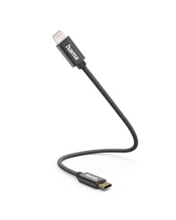 Hama Charging/Data USB-C to Lightning Cable, 480Mbps, Nylon Sheath, Gold-Plated, 0.2 Metre, Black, MFI Certified