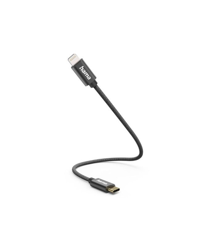 Hama Charging/Data USB-C to Lightning Cable, 480Mbps, Nylon Sheath, Gold-Plated, 0.2 Metre, Black, MFI Certified