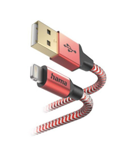 Hama Reflective Charging USB-A to Lightning Cable, 480Mbps, Nylon Sheath, Gold-Plated, 1.5 Metre, Red, MFI Certified