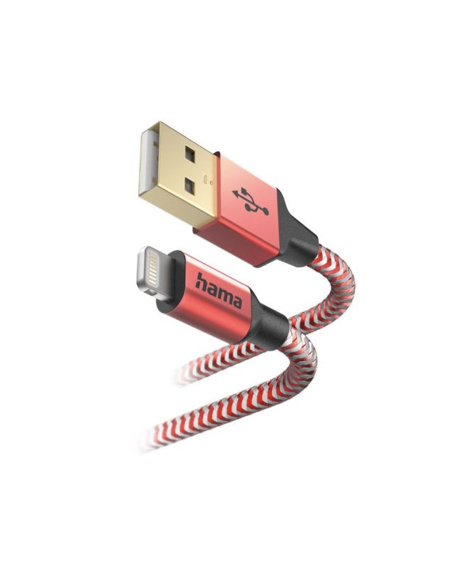 Hama Reflective Charging USB-A to Lightning Cable, 480Mbps, Nylon Sheath, Gold-Plated, 1.5 Metre, Red, MFI Certified