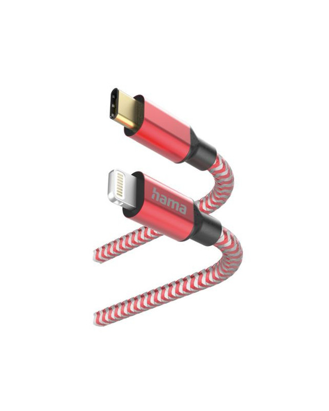 Hama Reflective Charging USB-C to Lightning Cable, 480Mbps, Nylon Sheath, Gold-Plated, 1.5 Metre, Red, MFI Certified