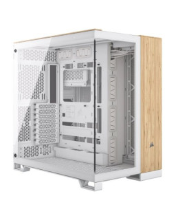 Corsair 6500X Dual Chamber Gaming Case w/ Glass Side & Front, ATX, Mesh Panels, USB-C, Asus BTF Compatible, White/Bamboo Wood