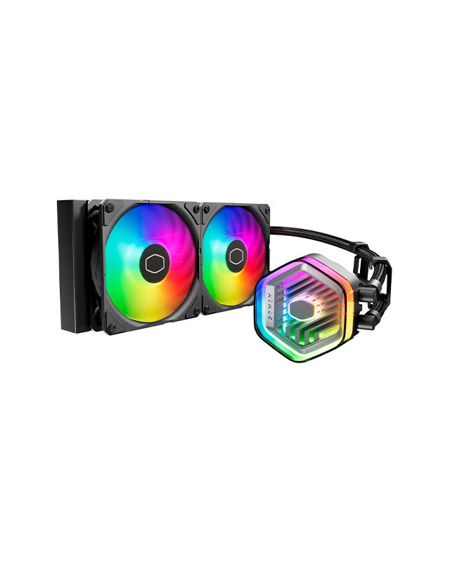 Cooler Master MasterLiquid 240 Atmos ARGB Liquid CPU Cooler, 240mm, Dual Chamber Design, 2x ARGB Fans, Customisable Pump Cover, Black