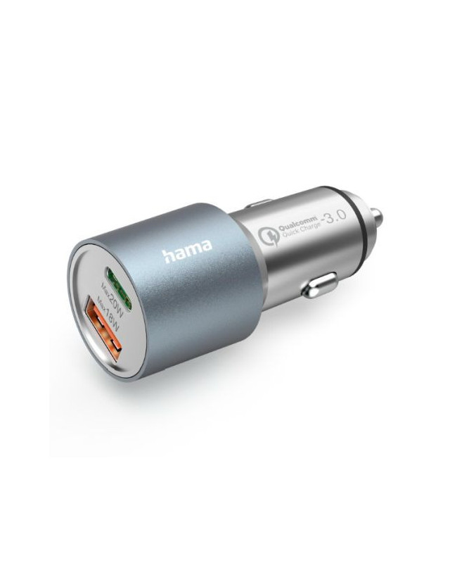 Hama USB Fast Charge Car Adapter, USB-C & USB-A, Power Delivery, Qualcomm 3.0, 38W, Metal