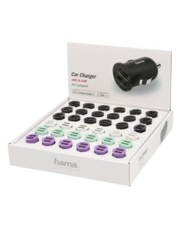 Hama Dual USB-A Car Chargers x36 Multipack, 12W, Various Colours, Display Case