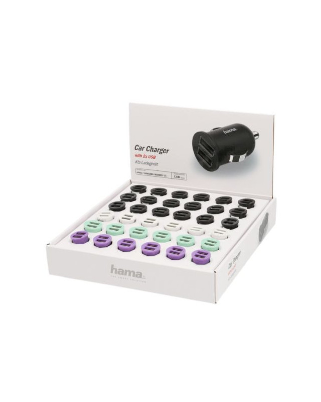 Hama Dual USB-A Car Chargers x36 Multipack, 12W, Various Colours, Display Case