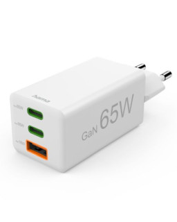 Hama Mini Euro Plug USB Travel Charger, 2x USB-C, 1x USB-A, 65W, Fast Charge, Power Delivery, Qualcomm 3.0, White