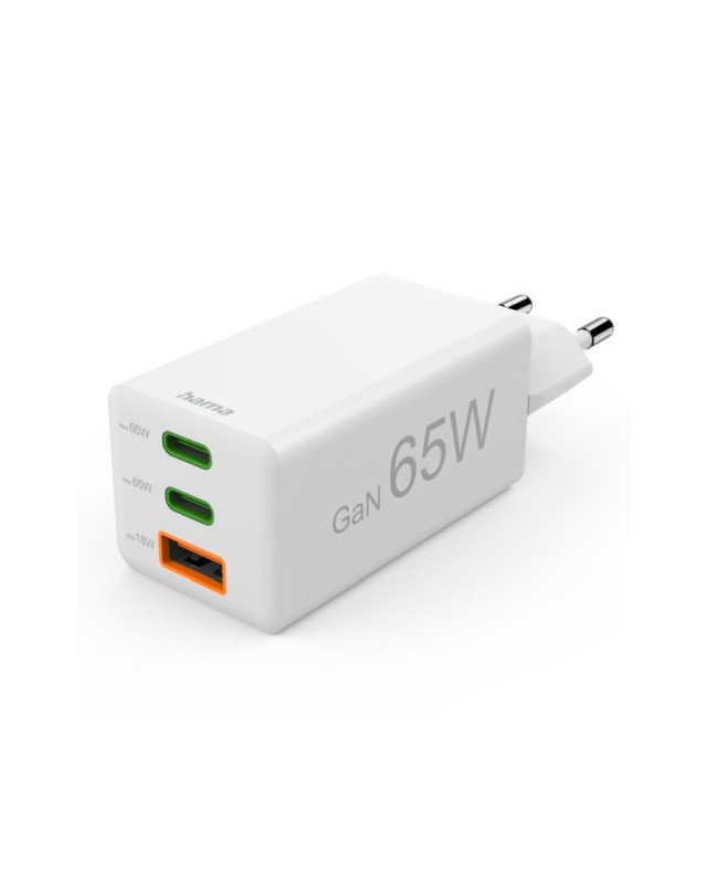 Hama Mini Euro Plug USB Travel Charger, 2x USB-C, 1x USB-A, 65W, Fast Charge, Power Delivery, Qualcomm 3.0, White