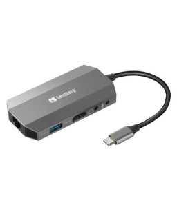 Sandberg (136-33) USB-C 6-in-1 Travel Dock - USB-C (up to 100W), HDMI, 2x USB 3.0, RJ45, Headphone, Microphone, SD/Micro SD/TF Card, Aluminium, 5 Year Warranty