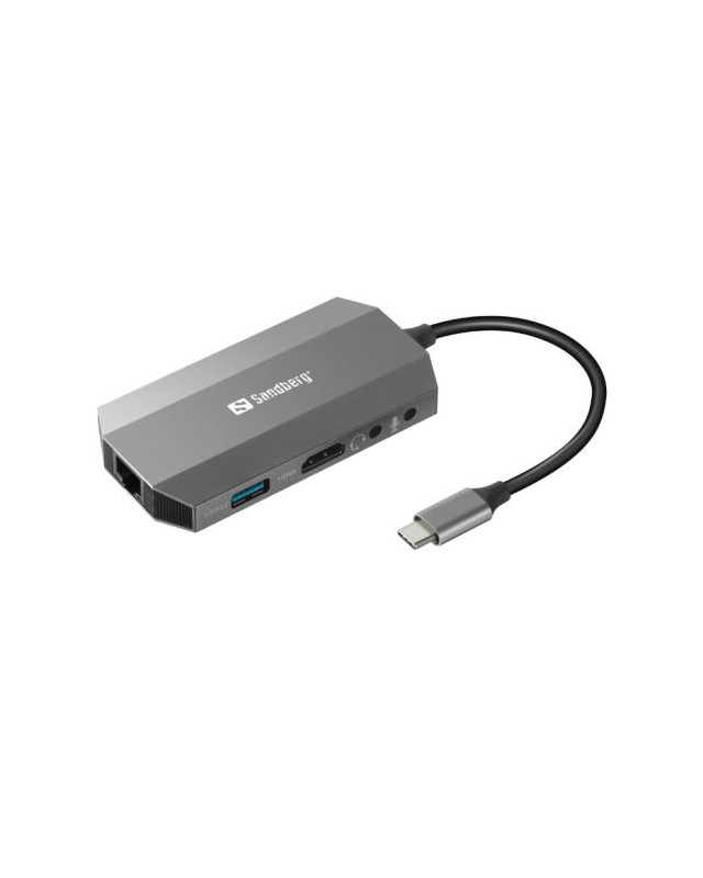 Sandberg (136-33) USB-C 6-in-1 Travel Dock - USB-C (up to 100W), HDMI, 2x USB 3.0, RJ45, Headphone, Microphone, SD/Micro SD/TF Card, Aluminium, 5 Year Warranty