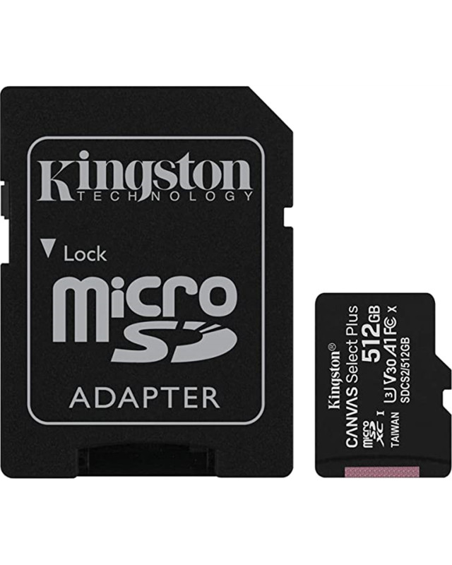 Kingston 512GB Canvas Select Plus Micro SDXC Card with SD Adapter, UHS-I Class 10, U3, A1 App Performance, 100MB/s