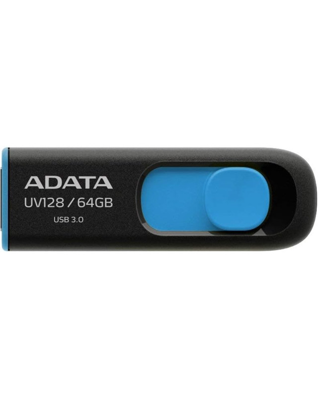 ADATA 64GB UV128 USB 3.0 Memory Pen, Retractable, Capless, Black & Blue