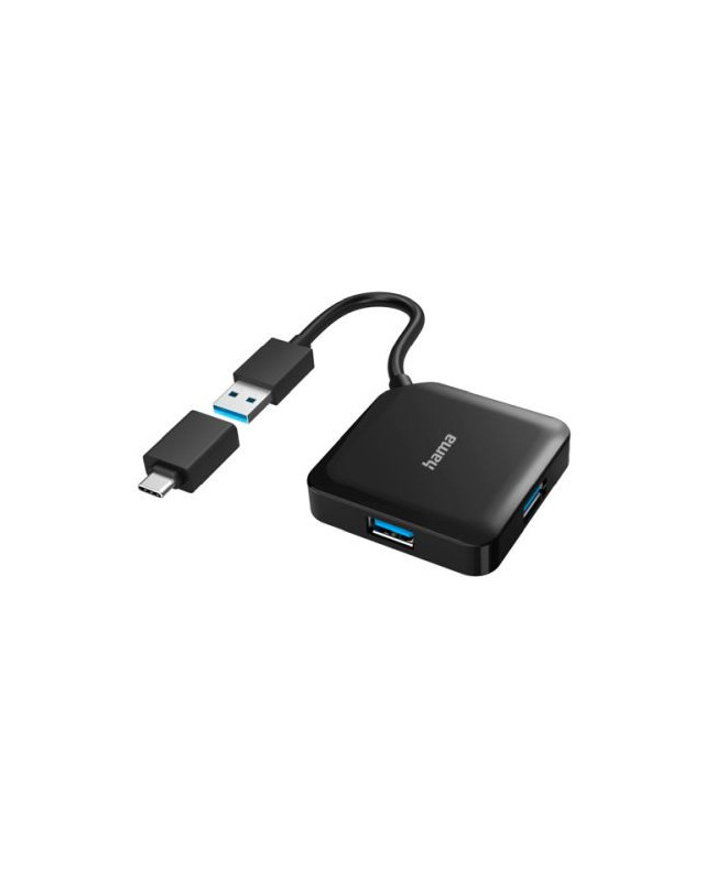 Hama External 4-Port USB 3.2 Gen 1 Hub, USB Powered, USB-A w/ USB-C Adapter