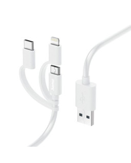 Hama 3-in-1 Multi Charging Cable - USB-A to USB-C/Micro USB/Lightning, Quick Charge, 1 Metre, White, MFI Certified