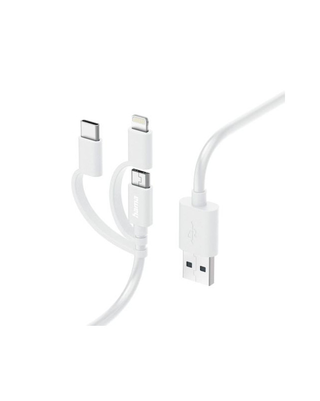 Hama 3-in-1 Multi Charging Cable - USB-A to USB-C/Micro USB/Lightning, Quick Charge, 1 Metre, White, MFI Certified