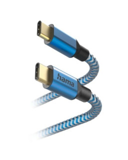 Hama Reflective USB-C to USB-C Quick Charging Cable, USB 2.0, Nylon Sheath, Gold-Plated, 1.5 Metre, Blue