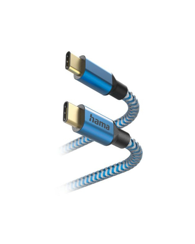 Hama Reflective USB-C to USB-C Quick Charging Cable, USB 2.0, Nylon Sheath, Gold-Plated, 1.5 Metre, Blue