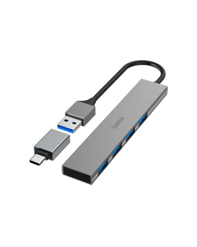 Hama Ultra-Slim External 4 Port 3.2 Gen1 Hub, 4x USB-A, USB Powered, USB-C Adapter