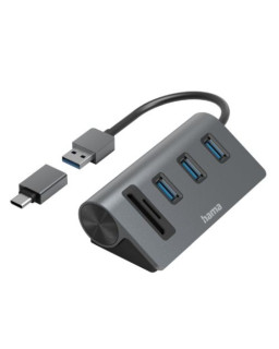Hama External USB 3.2 Gen1 Hub/Card Reader, 3x USB-A, SD, microSD, USB Powered, USB-C Adapter