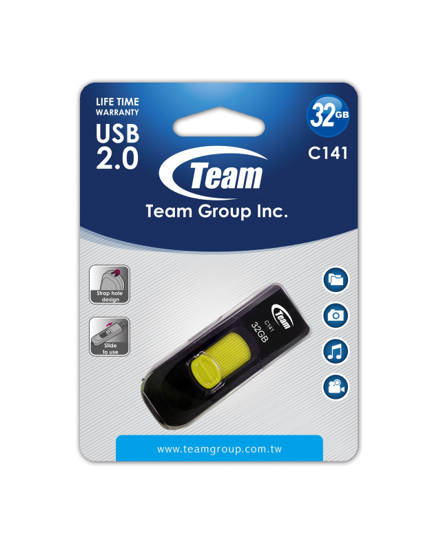 Team 32GB C141 Yellow USB 2.0 Memory Pen, Retractable Design, Ultra-thin 9.5mm