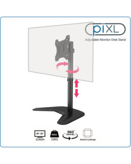 piXL Single Monitor Arm Desk Stand, For Screens up to 32", Max Weight 10Kg, Freestanding, Height Adjustable, Pivot, Swivel 360