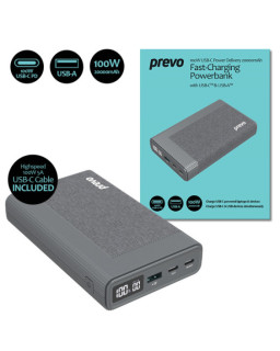 Prevo AD10C 100W USB-C Power Delivery PD 20000mAh Portable Fast-Charging Powerbank with Digital Display, Dual USB-C & USB-A with 100W USB-C Cable Included for Laptops, Ultrabooks, Chromebooks, Smartphones & Tablets