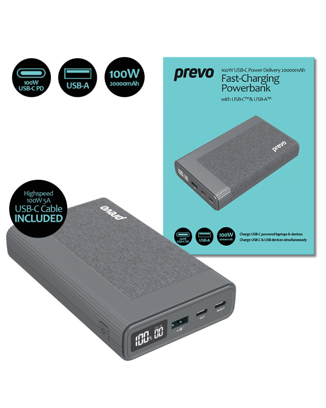 Prevo AD10C 100W USB-C Power Delivery PD 20000mAh Portable Fast-Charging Powerbank with Digital Display, Dual USB-C & USB-A with 100W USB-C Cable Included for Laptops, Ultrabooks, Chromebooks, Smartphones & Tablets