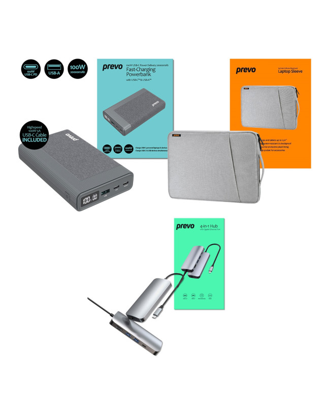 Prevo Business Travel Bundle with 100W Fast Charge 20000mAh Powerbank, 4-in-1 USB Hub with Gigabit Ethernet & 15.6-Inch Luxury-Lined Laptop Sleeve