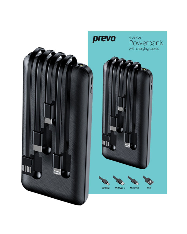 Prevo SP2010 Power Bank,10000mAh Portable Charging for Smart Phones, Tablets and Other Devices, Charge 4 Devices with Prefitted Lightning, USB Type-C, Micro-USB & USB Cables, LED Torch, Black