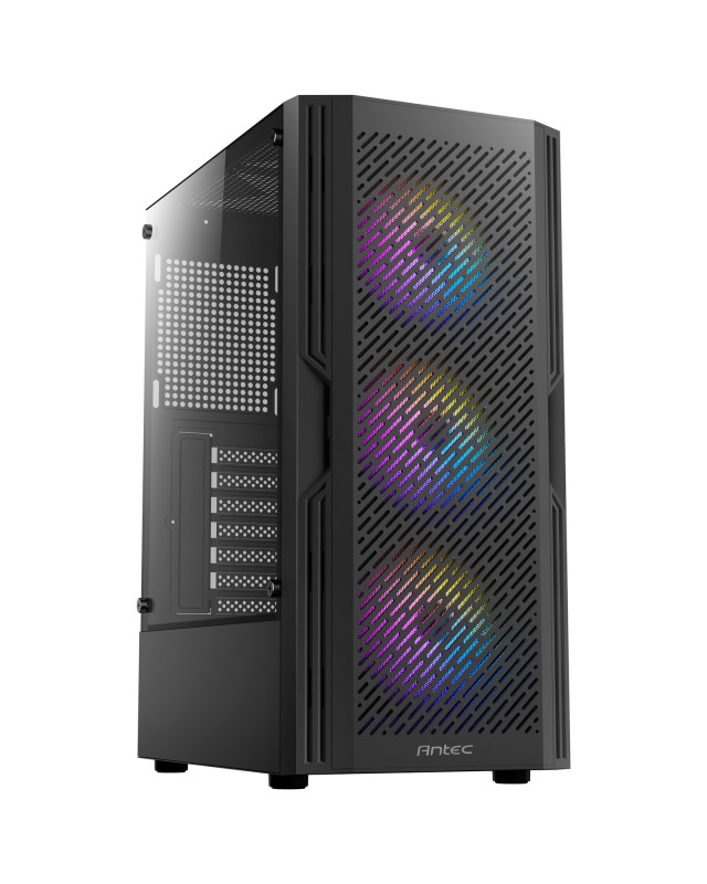 ANTEC AX20 Case, Black, Mid Tower, 1 x USB 3.0 / 2 x USB 2.0, Tempered Glass Side Window Panel, Slanted Bar & Mesh Design for Massive Airflow, 3 x RGB LED Fans Included, ATX, Micro ATX, Mini-ITX