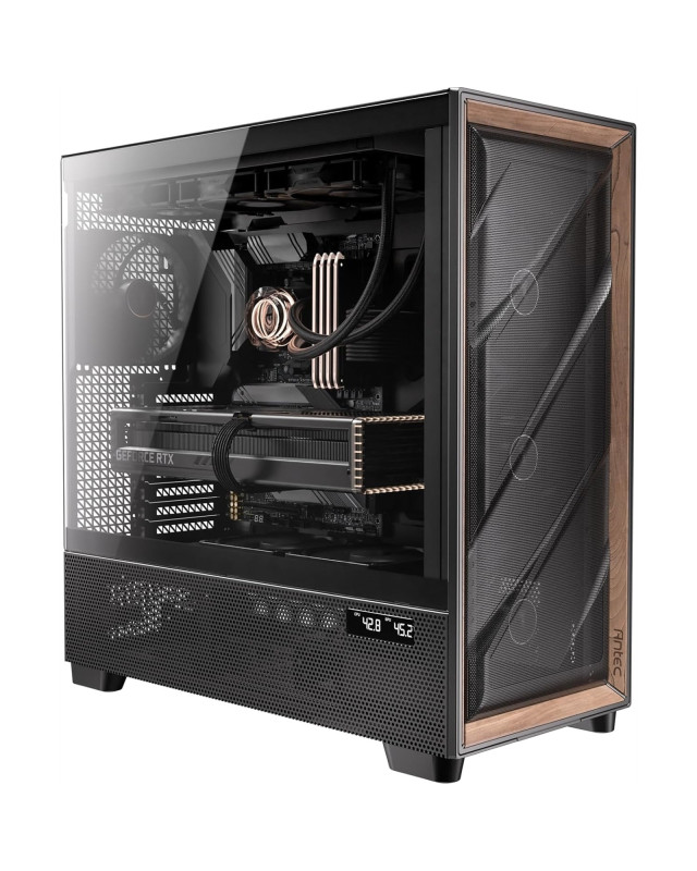 Antec Flux PRO Full Tower PC Case with Tempered Glass, Black/Wood, 6 Pre-Installed Fans, USB Type-C, E-ATX/ATX/mATX/mITX Compatibility