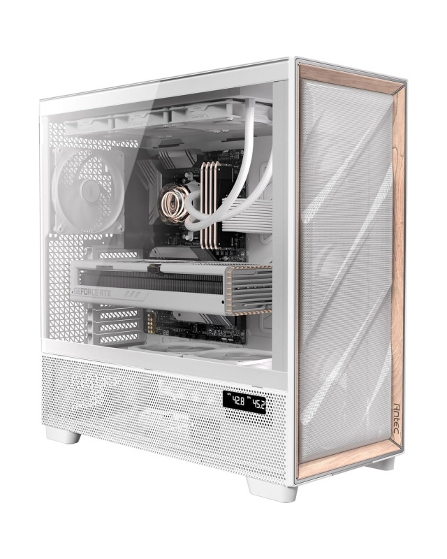 Antec Flux PRO Full Tower PC Case with Tempered Glass, White/Wood, 6 Pre-Installed Fans, USB Type-C, E-ATX/ATX/mATX/mITX Compatibility