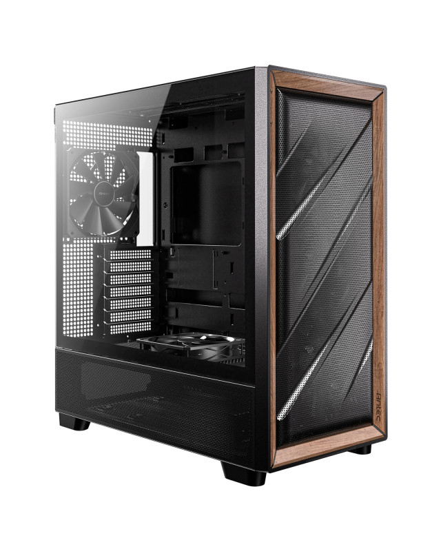 Antec FLUX Mid Tower PC Case - Tempered Glass, Black/Wood, 5 PWM Fans, USB-C, E-ATX/ATX/mATX/ITX Compatibility