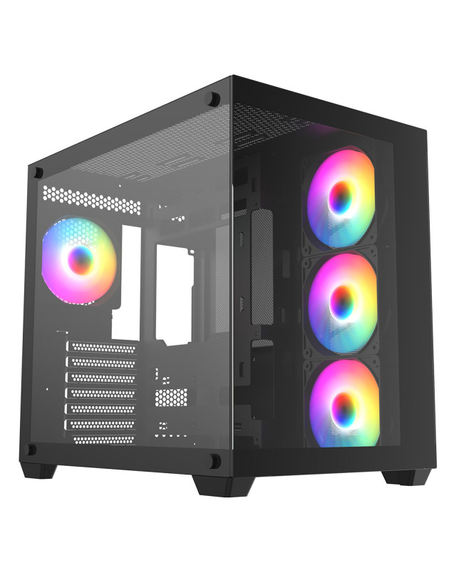CRONUS Pallas Case, Gaming, Black, Mid Tower, 1 x USB 3.0 / 2 x USB 2.0, Tempered Glass Front & Side Window Panels, RGB LED Fans, ATX, Micro ATX, Mini-ITX, Stealth Motherboard Compatible
