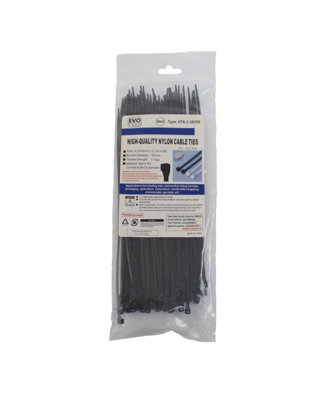 Evo Labs Black Cable Ties 200 x 2.5mm 100 Pack