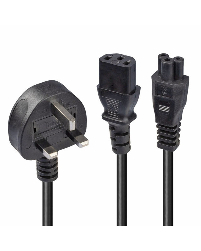 Lindy 30374 2.5m UK 3 Pin Plug To IEC C13 (Kettle) & IEC C5 (Clover) 10 Amp Mains Splitter Extension Cable - Black