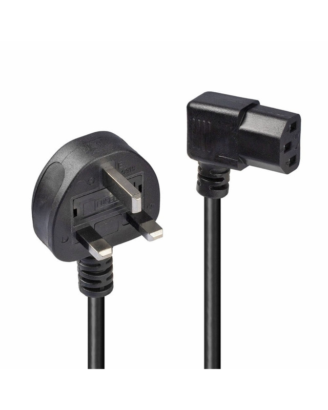 Lindy 30446 1m UK 3 Pin Plug To Right Angle IEC C13 (Kettle) 5 Amp Fuse Mains Extension Cable - Black