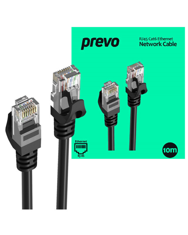 Prevo CAT6-BLK-10M Network Cable, RJ45 (M) to RJ45 (M), CAT6, 10m, Black, Oxygen Free Copper Core, Sturdy PVC Outer Sleeve & Clip Protector, Retail Box Packaging