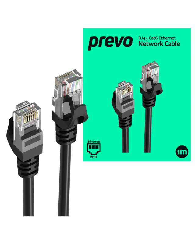 Prevo CAT6-BLK-1M Network Cable, RJ45 (M) to RJ45 (M), CAT6, 1m, Black, Oxygen Free Copper Core, Sturdy PVC Outer Sleeve & Clip Protector, Retail Box Packaging