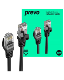 Prevo CAT6-BLK-20M Network Cable, RJ45 (M) to RJ45 (M), CAT6, 20m, Black, Oxygen Free Copper Core, Sturdy PVC Outer Sleeve & Clip Protector, Retail Box Packaging