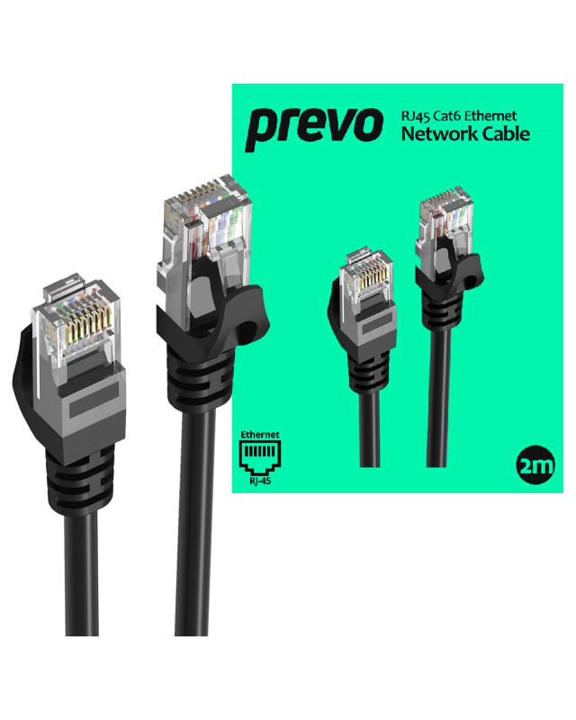Prevo CAT6-BLK-2M Network Cable, RJ45 (M) to RJ45 (M), CAT6, 2m, Black, Oxygen Free Copper Core, Sturdy PVC Outer Sleeve & Clip Protector, Retail Box Packaging