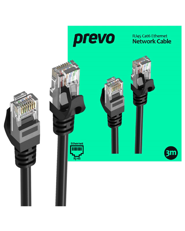Prevo CAT6-BLK-3M Network Cable, RJ45 (M) to RJ45 (M), CAT6, 3m, Black, Oxygen Free Copper Core, Sturdy PVC Outer Sleeve & Clip Protector, Retail Box Packaging