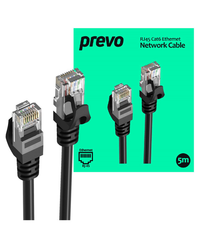 Prevo CAT6-BLK-5M Network Cable, RJ45 (M) to RJ45 (M), CAT6, 5m, Black, Oxygen Free Copper Core, Sturdy PVC Outer Sleeve & Clip Protector, Retail Box Packaging