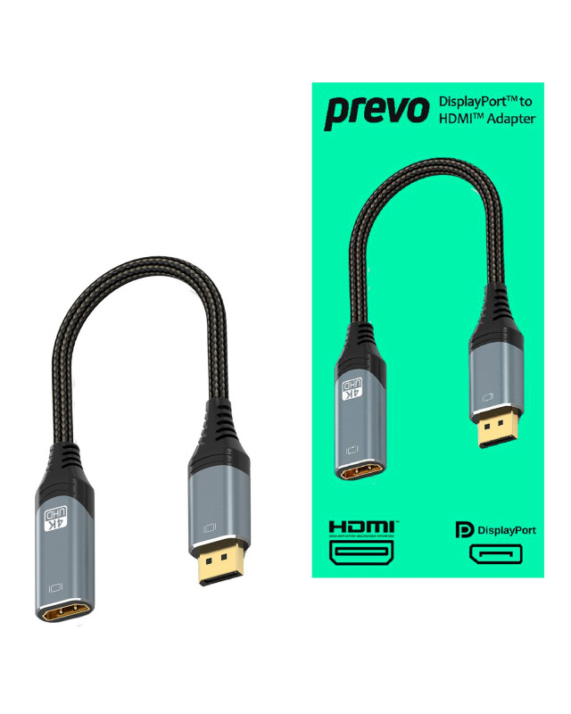 Prevo DPM-HDMIF-ADA Display Converter Adapter, DisplayPort (M) to HDMI (F), 0.2m, Black & Silver, DisplayPort 1.4 & HDMI 2.0, Supports up to 4K@60Hz, Braided Cable, Retail Box Packaging