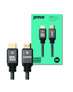 Prevo HDMI-2.1-2M HDMI Cable, HDMI 2.1 (M) to HDMI 2.1 (M), 2m, Black & Grey, Supports Displays up to 8K@60Hz, 99.9% Oxygen-Free Copper with Gold-Plated Connectors, Superior Design & Performance, Retail Box Packaging
