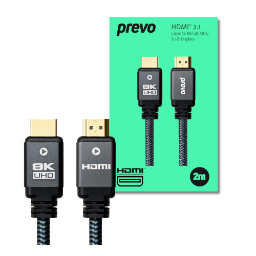 Prevo HDMI-2.1-2M HDMI Cable, HDMI 2.1 (M) to HDMI 2.1 (M), 2m, Black & Grey, Supports Displays up to 8K@60Hz, 99.9% Oxygen-Free