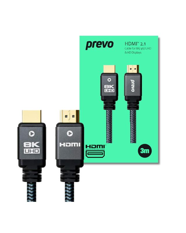 Prevo HDMI-2.1-3M HDMI Cable, HDMI 2.1 (M) to HDMI 2.1 (M), 3m, Black & Grey, Supports Displays up to 8K@60Hz, 99.9% Oxygen-Free Copper with Gold-Plated Connectors, Superior Design & Performance, Retail Box Packaging