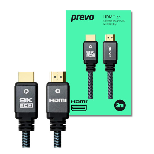 Prevo HDMI-2.1-3M HDMI Cable, HDMI 2.1 (M) to HDMI 2.1 (M), 3m, Black & Grey, Supports Displays up to 8K@60Hz, 99.9% Oxygen-Free