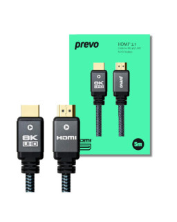 Prevo HDMI-2.1-5M HDMI Cable, HDMI 2.1 (M) to HDMI 2.1 (M), 5m, Black & Grey, Supports Displays up to 8K@60Hz, 99.9% Oxygen-Free Copper with Gold-Plated Connectors, Superior Design & Performance, Retail Box Packaging