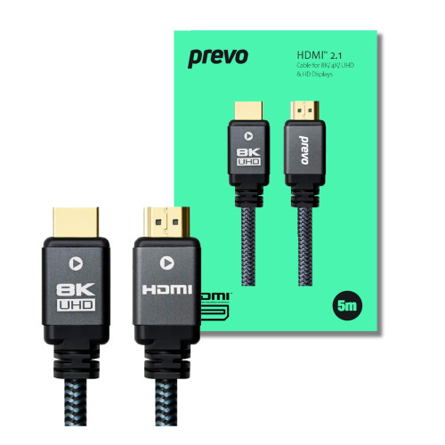 Prevo HDMI-2.1-5M HDMI Cable, HDMI 2.1 (M) to HDMI 2.1 (M), 5m, Black & Grey, Supports Displays up to 8K@60Hz, 99.9% Oxygen-Free